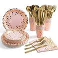 thumbnail image 1 of Pink and Gold Party Supplies Disposable Dinnerware Set Serves 25 Gold Dots on Pink Paper Plates Cups and Napkins, Gold Plastic Knives Spoons Forks fo, 1 of 4