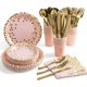 thumbnail image 1 of Juego de 175 piezas de artículos para fiestas dorados - Vajilla de papel desechable para 25 personas - Platos, servilletas y vasos de papel con lunares dorados (lunares rosas), 1 of 5