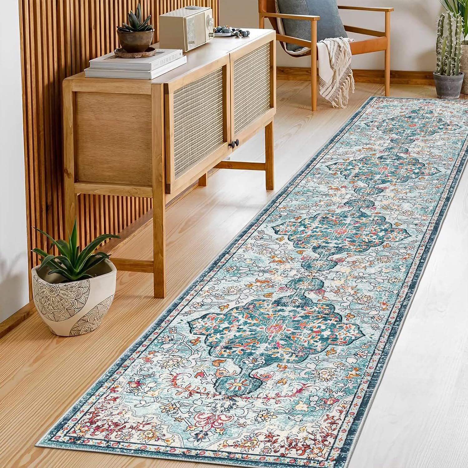 Findosom 2'x10' Vintage Runner Rug 0.4" Distressed Hallway Rug Non Slip Laundry Runner Rug Decor Rug Washable Runner Rug Kitchen Floor Mat Entryway Rug Runner for Laundry Kitchen Entryway, Blue