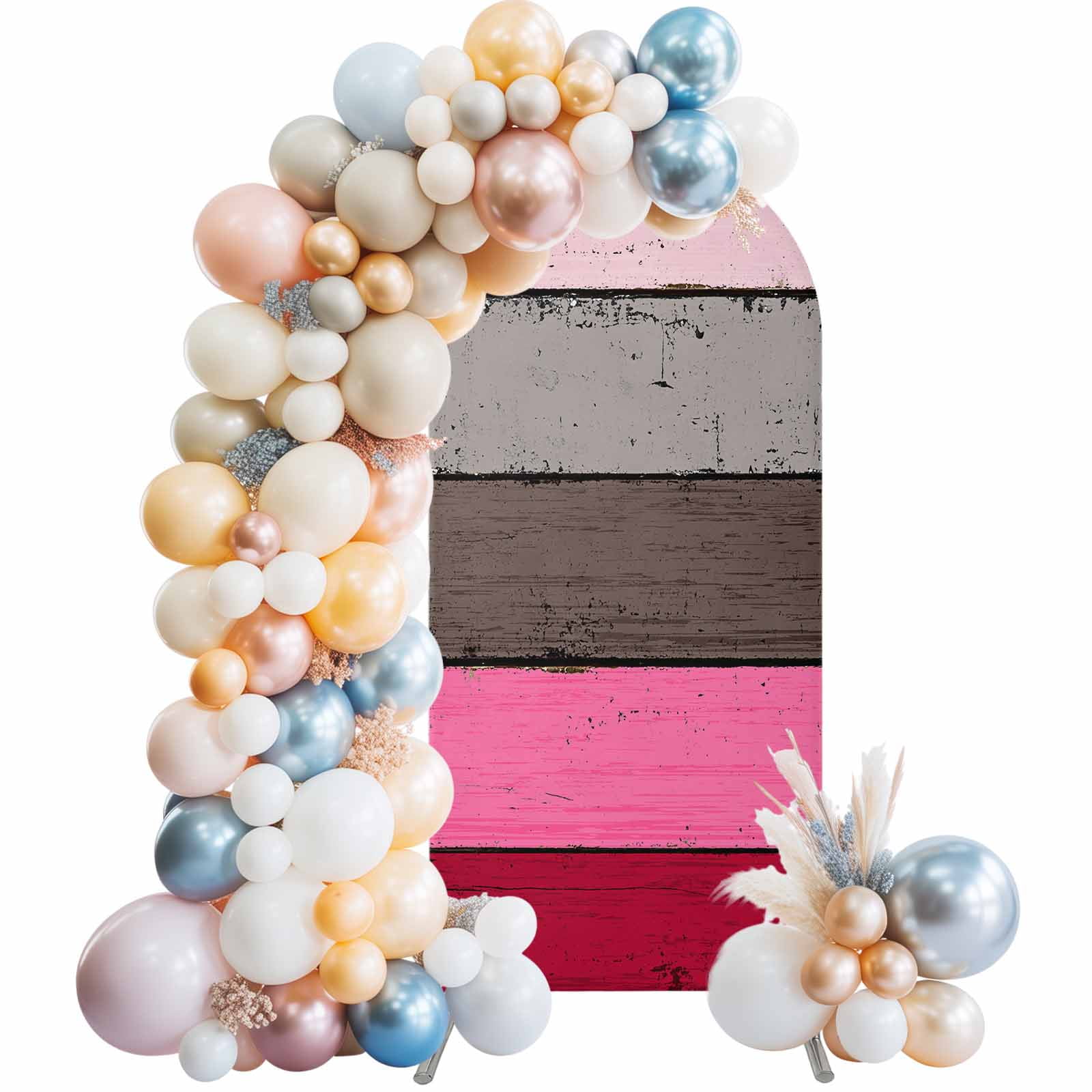 Pink Grey Arch Backdrop Cover 6.6Ft, Wedding Arch Covers Stretchy Backdrop, Vintage Stripe Farmhouse Wood Grain Ombre Fitted 2 Sided Arched Photo Background for Birthday Party Decorations
