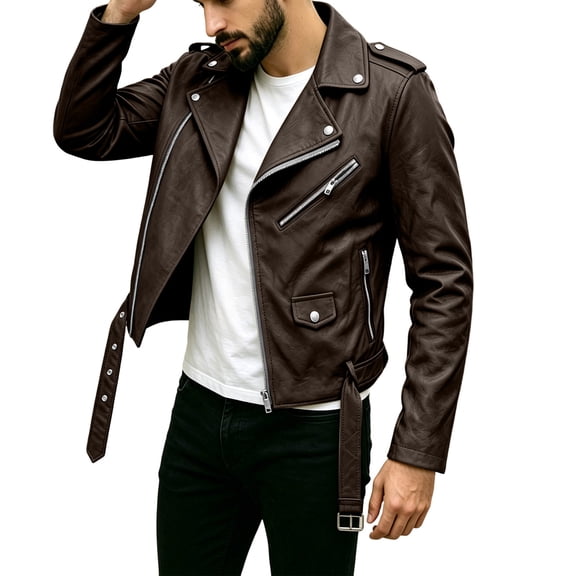 Mrmaere Turn Down Collar Multi Pocket Faux Leather Motorcycle Jacket Men Turn Down Collar Zip Up Vintage Streetwear Jacket Brown L