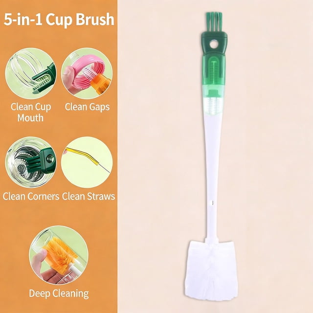5-in-1 Cup Cleaning Brush Set with Straw Cleaner, Long Handle Bottle Brush for Insulated Tumblers Lids, Multi-Functional Dishwasher Safe Cup Washer Brush for Reusable Water Bottles Coffee Mugs