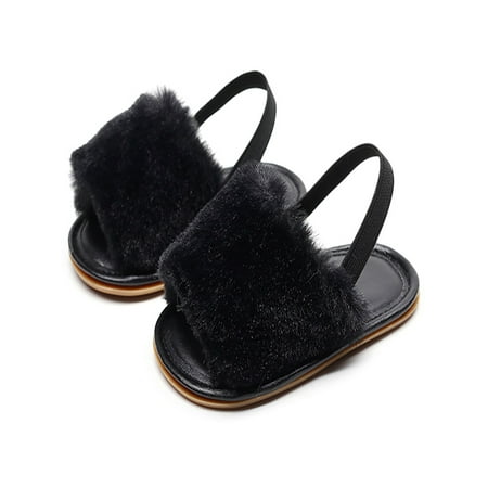 

Fangasis Infant Fuzzy Sandals Elastic Back Strap Slide Slipper Open Toe Slippers Baby Girls Sandal Walking Comfortable Fluffy Black 4C