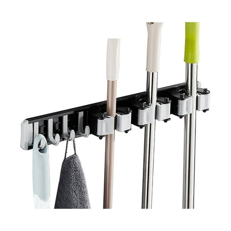 

walmeck Mop Holder With Hooks Broom Holder Drilling & Nail-free Wall Mounted Broom Hanger Organizer Aluminum Storage Rack Kitchen Bathroom Garden