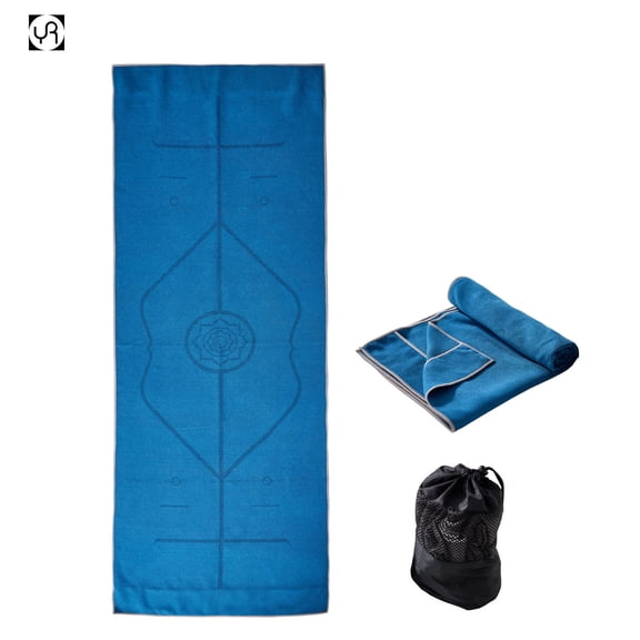 YR Yoga Mat Towel with Alignment Lines, 72''x24'' Non Slip Hot Yoga Towels for Gym Pilates with Carrying Bag, Blue