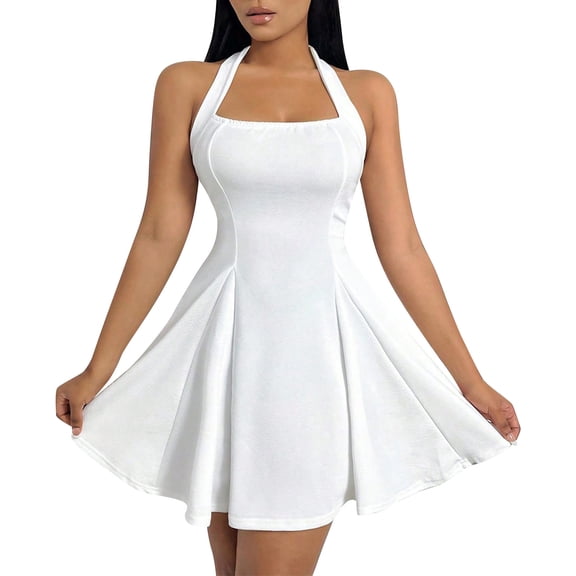 Women's White Halter Neck Backless Mini Dress Fit and Flare Skater Graduation Party Dress