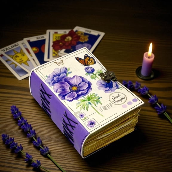 Handmade Leather Journal with Lavender Floral Art – 5x7 Inch Vintage Diary with 200 Deckle Edge Handmade Pages, Writing & Sketch Notebook, Aesthetic Butterfly Cover, Christmas Fest