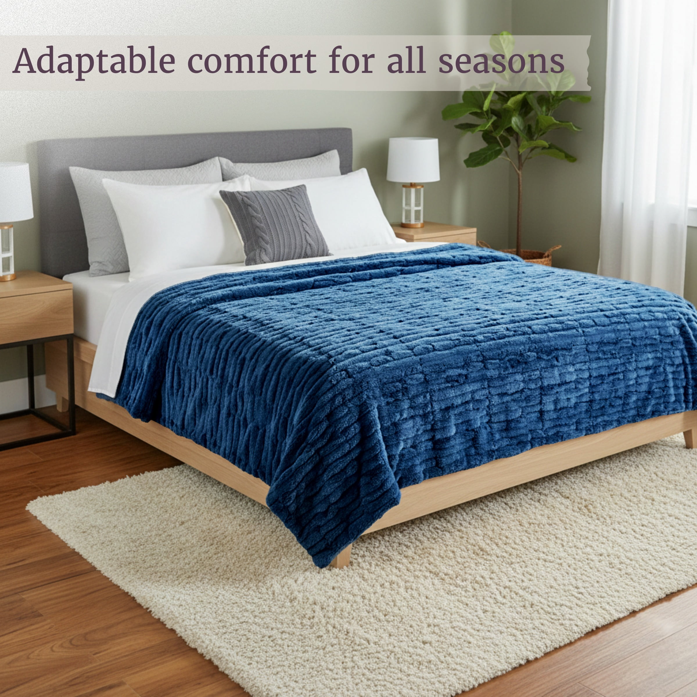 Lavish Home 60x80-Inch Ruched Faux Fur Blanket for Sofas and Beds (Blue)
