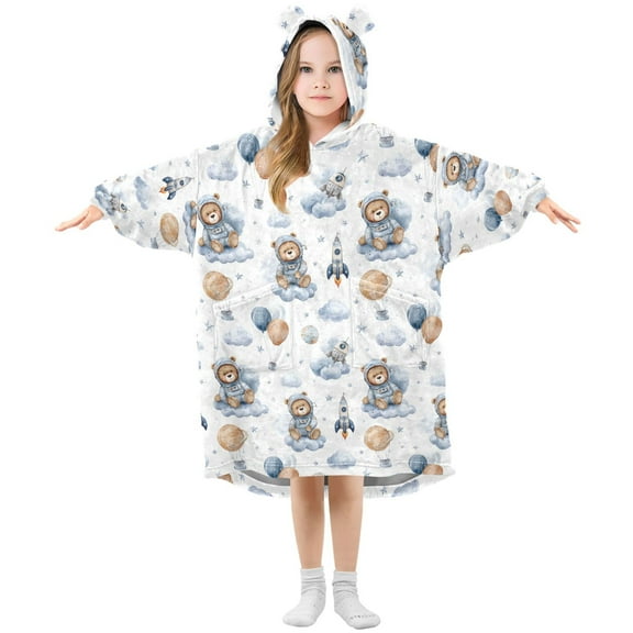 Wearable Blanket Hoodie for Kids Cute Bear Space Flannel Hooded Blanket with Pockets and Sleeves Suitable for Boys and Girls
