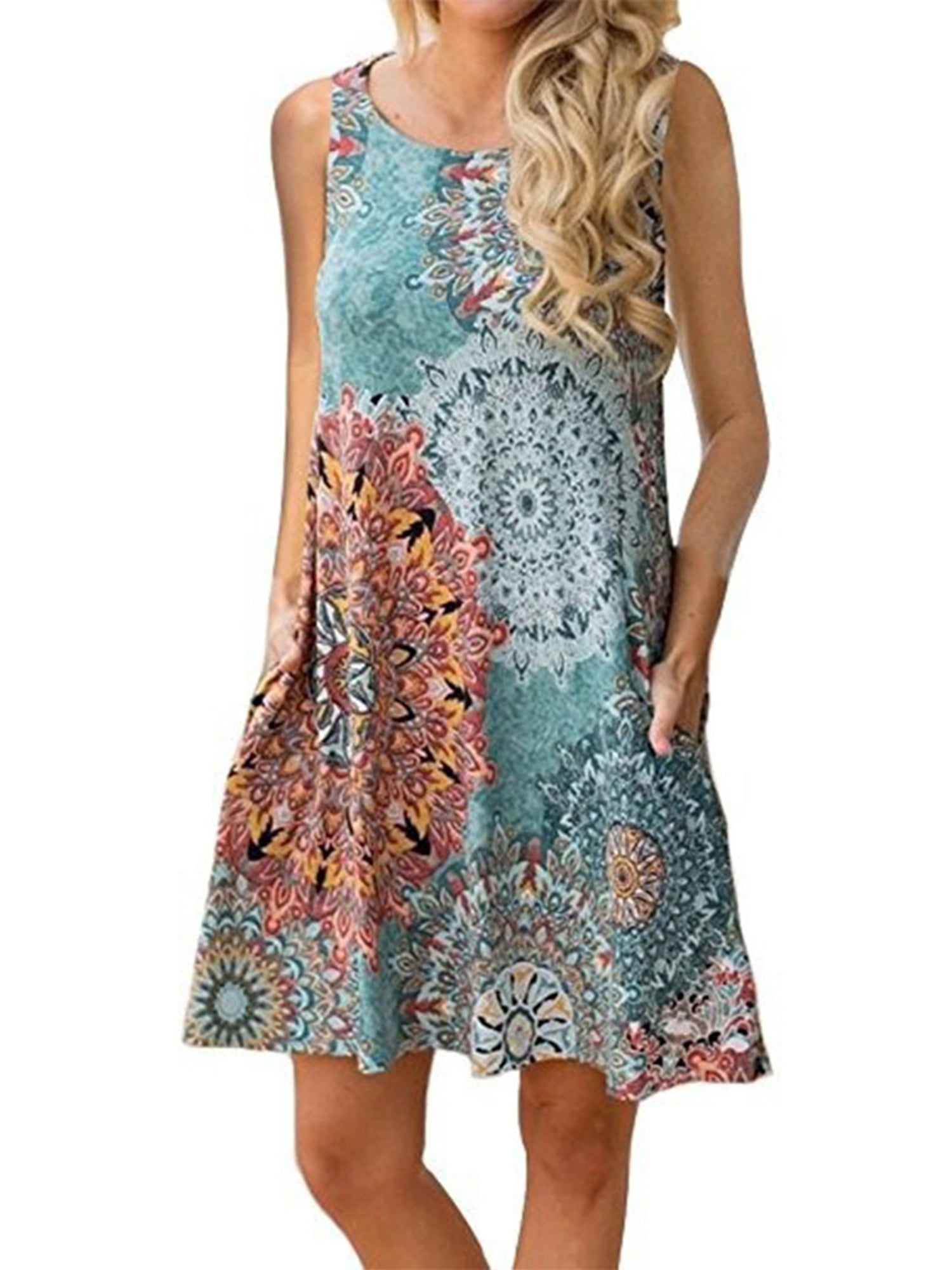 Womens Boho Floral Print Baggy Crew Neck Casual Beach Tunic Dress Summer Holiday 