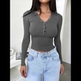 thumbnail image 4 of Camisas de Larga para Mujer, Ropa de Otoño, Blusas Henley, Blusas Informales de Negocios Acanaladas, Conjuntos de Moda. Gris Oscuro M, 4 of 8