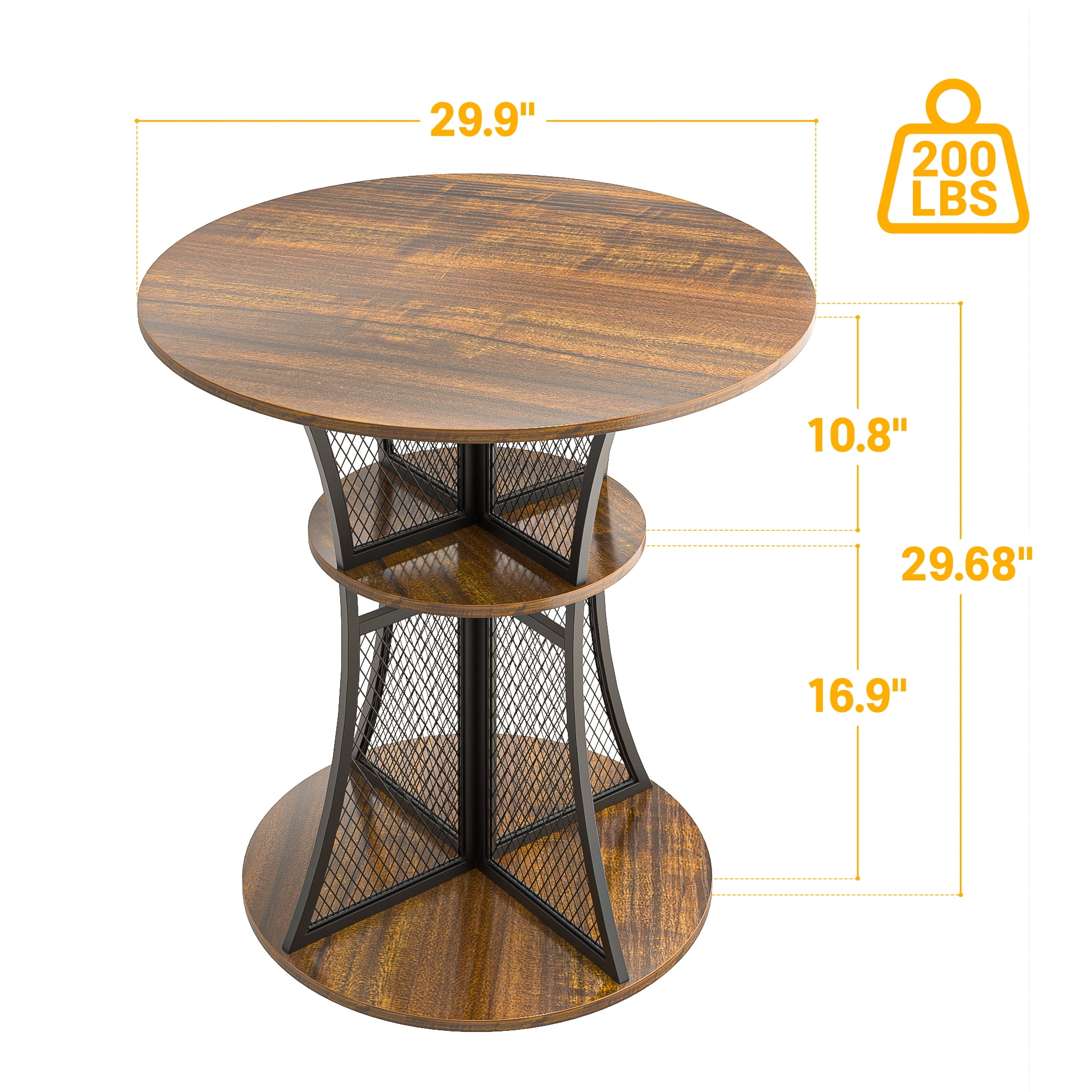 Yoneston 30-inch Round Bar Table, Wood Small Pub Table Metal Breakfast Nook Table with Storage Shelves for Dining Room Living Room Kitchen, Rustic Brown (Only Table)