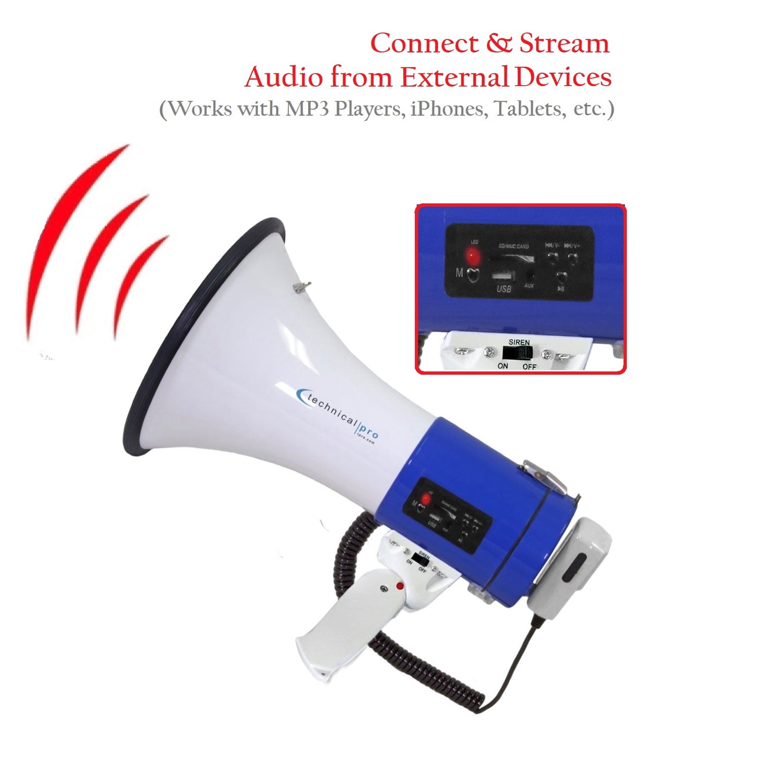 AUX Input Perfect for Indoor/Outdoor Sporting Events and Crowd Control USB/SD/MMC Reader Loudmore 50 Watt Professional 15 Large Megaphone Bullhorn with Detachable Microphone Recording and Siren 