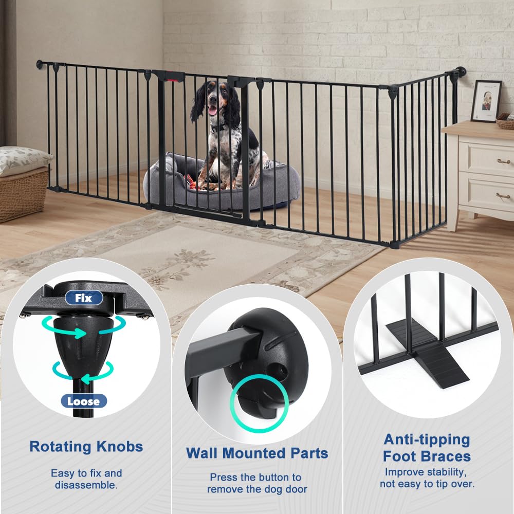 LUCKUP Freestanding Dog Gates with Door Walk Through, Extra Wide Doggy Door 100" W x 29" H Pet Gate Safty 4 Panels Dog Fence for Stairs, Doorways