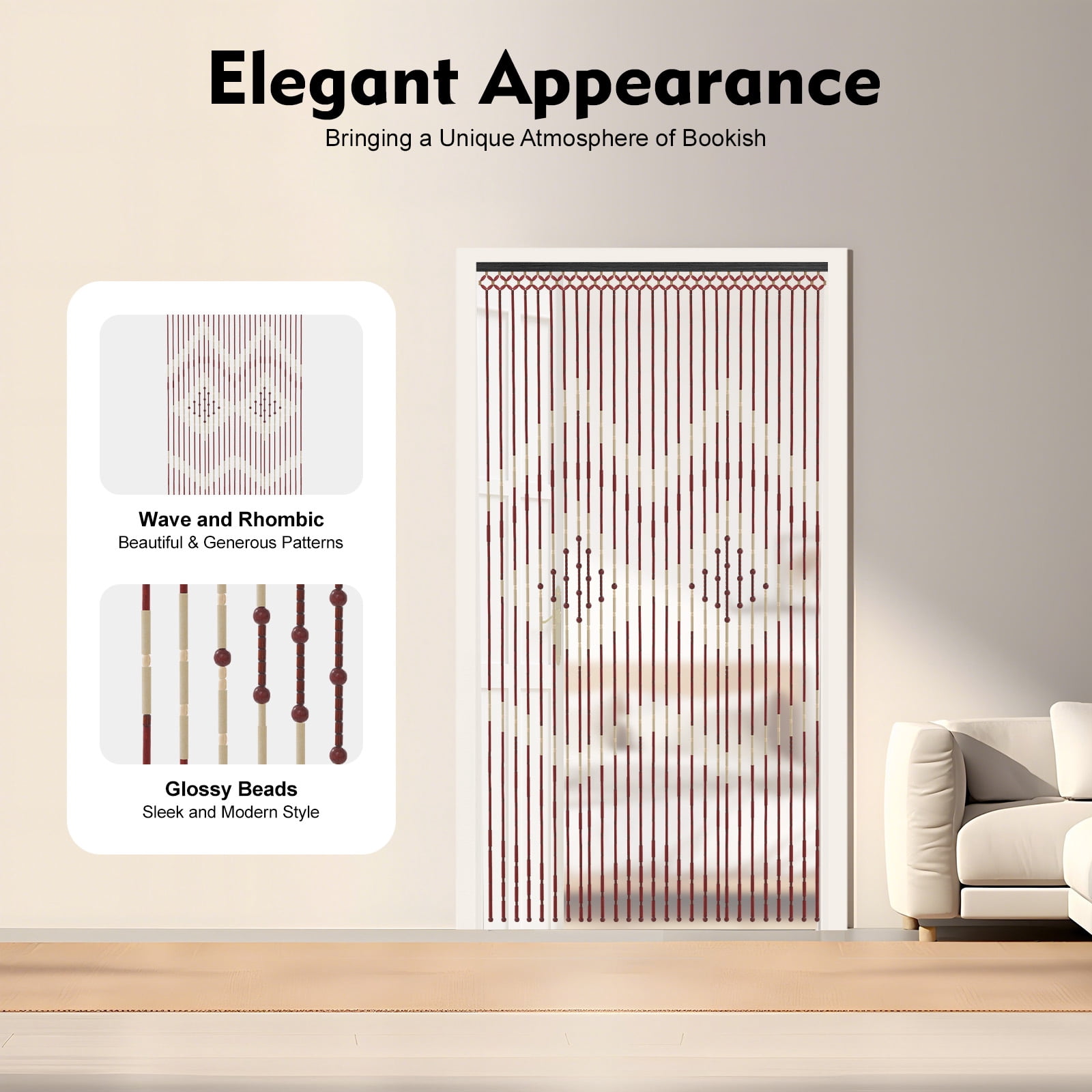 Peakora Retro Style Wooden Bead Curtain 3*5.74ft Bamboo and Wooden Doorway Beads 27 Lines Room Blind Screen for Porch Bedroom Living Room Bathroom