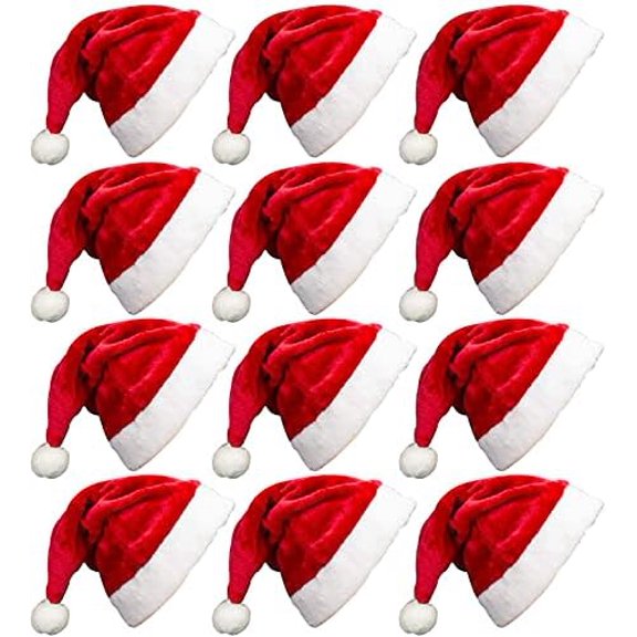 12 Pack Plush Santa Christmas Hats for Kids Children Teenagers & Adults Small Head, Red Plush Xmas Hats with White Cuffs for Christmas Holiday