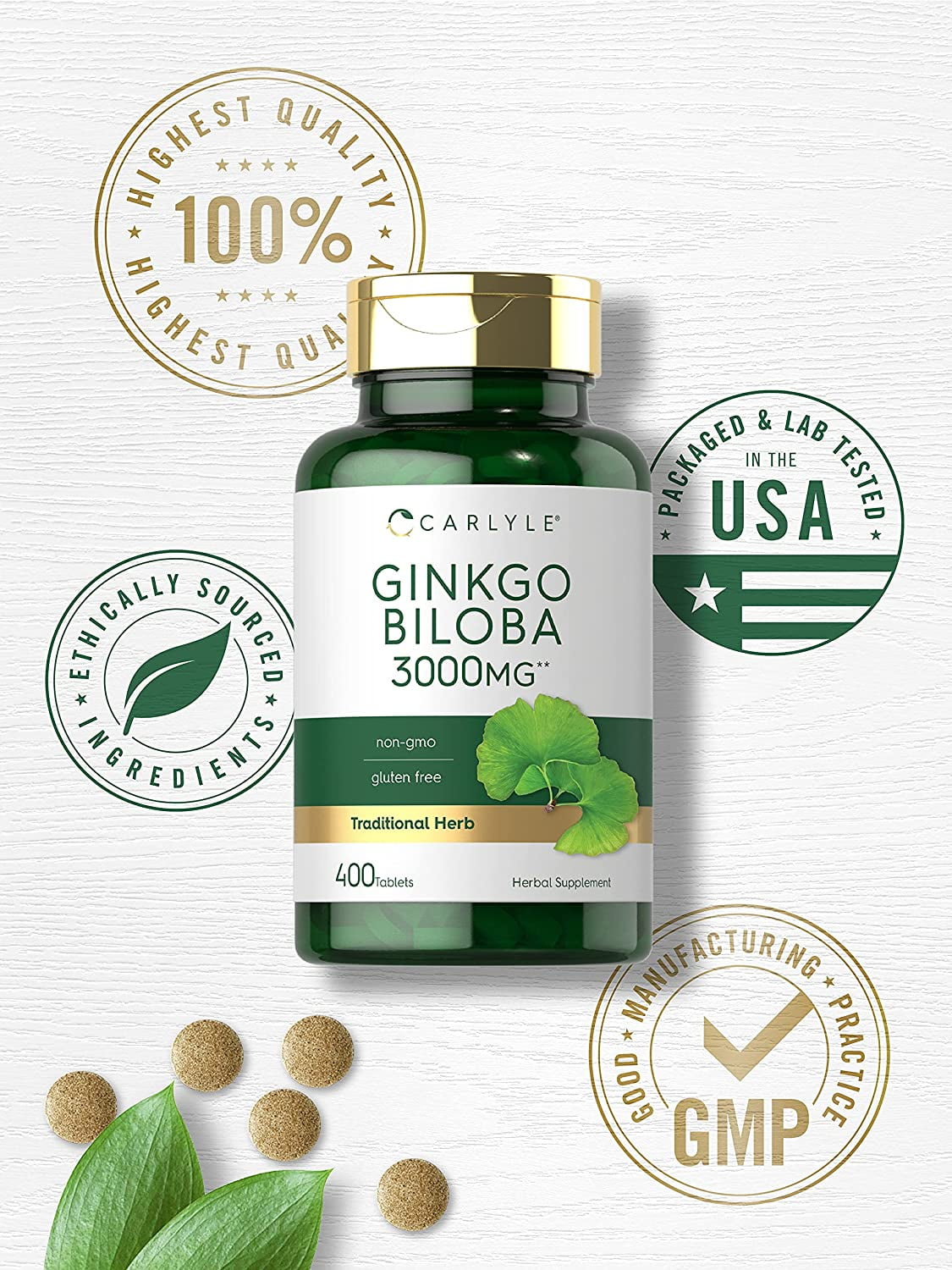 Ginkgo Biloba 3000mg | 400 Tablets | Vegetarian Supplement for Men and Women | by Carlyle