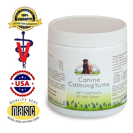 Spring Pet Calming Yums With Melatonin 60 Count ~ High Potency Natural Veterinary Formula to Help Reduce Anxiety and Stress in Dogs and Puppies ~ Soft, Tasty Beef Flavored Treat Made in