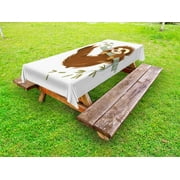 Sloth Outdoor Tablecloth, Happy Cheerful Animal Swinging on Tree Branch Hand Drawn Cartoon Illustration, Decorative Washable Fabric Picnic Tablecloth, 58 X 104 Inches, Brown Khaki Grey, by Ambesonne