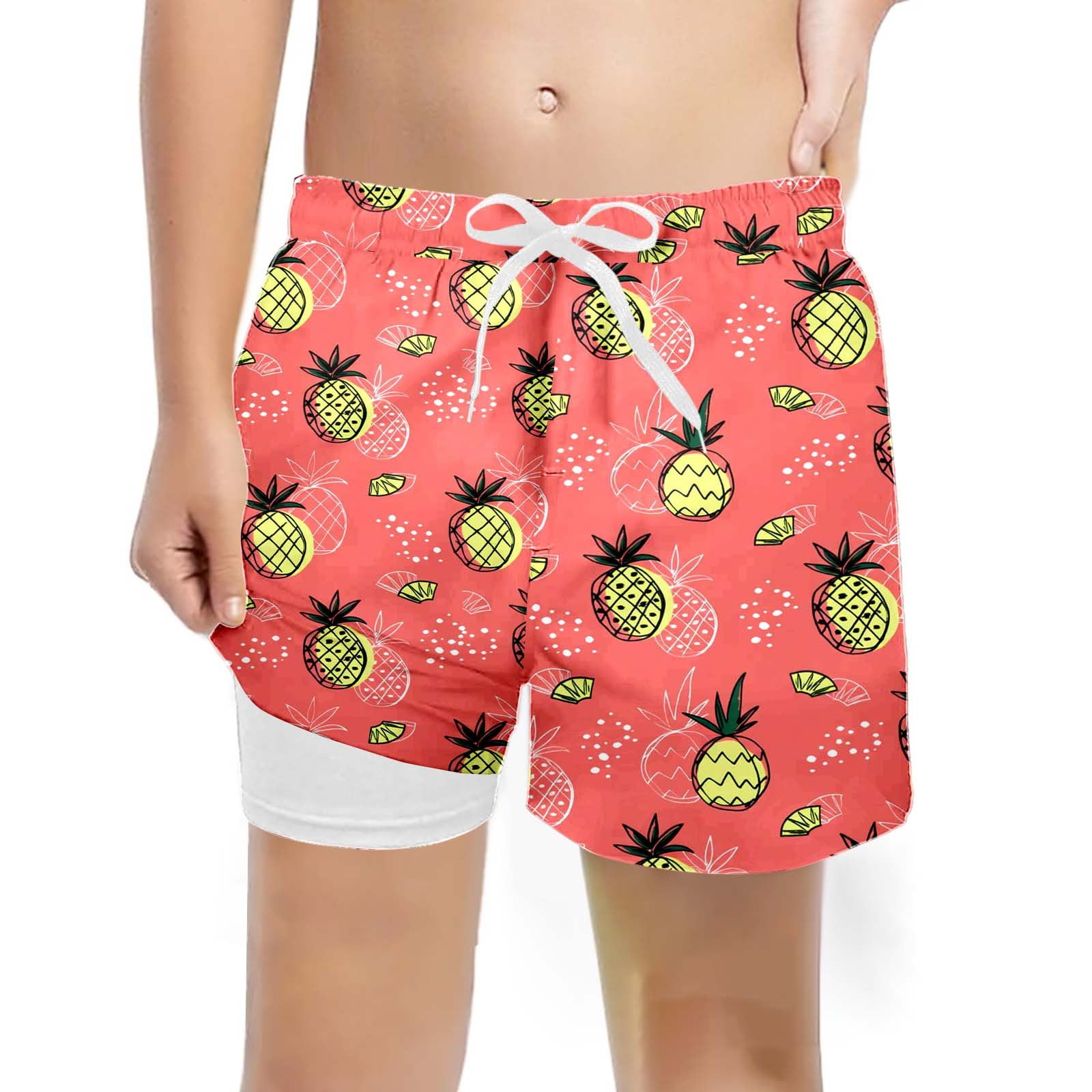 Rggeeun Boys Child Swimsuit Set Cartoon Fruit Pattern Elastic Waist Double Layer with Adjustable Tie Wide Leg Knee Length for Summer Swim Trunks Pool Training Graceful Beachwear Pink 14-16 Years