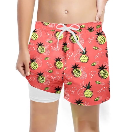 Rggeeun Child Boys Swimsuit Set Cute Fruit Pattern Elastic Waist Double Layer with Adjustable Tie Wide Leg Knee Length for Summer Swim Trunks Beach Wear Stretchy Swim Wear Pink 8 Years