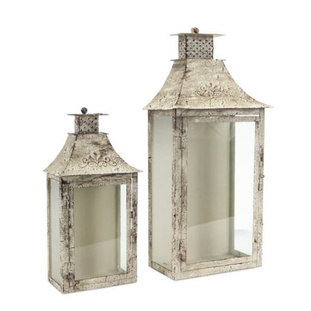 Set of 2 Vintage Rose Antiqued Cream Wall Mounted Pillar Candle Lanterns 19.5