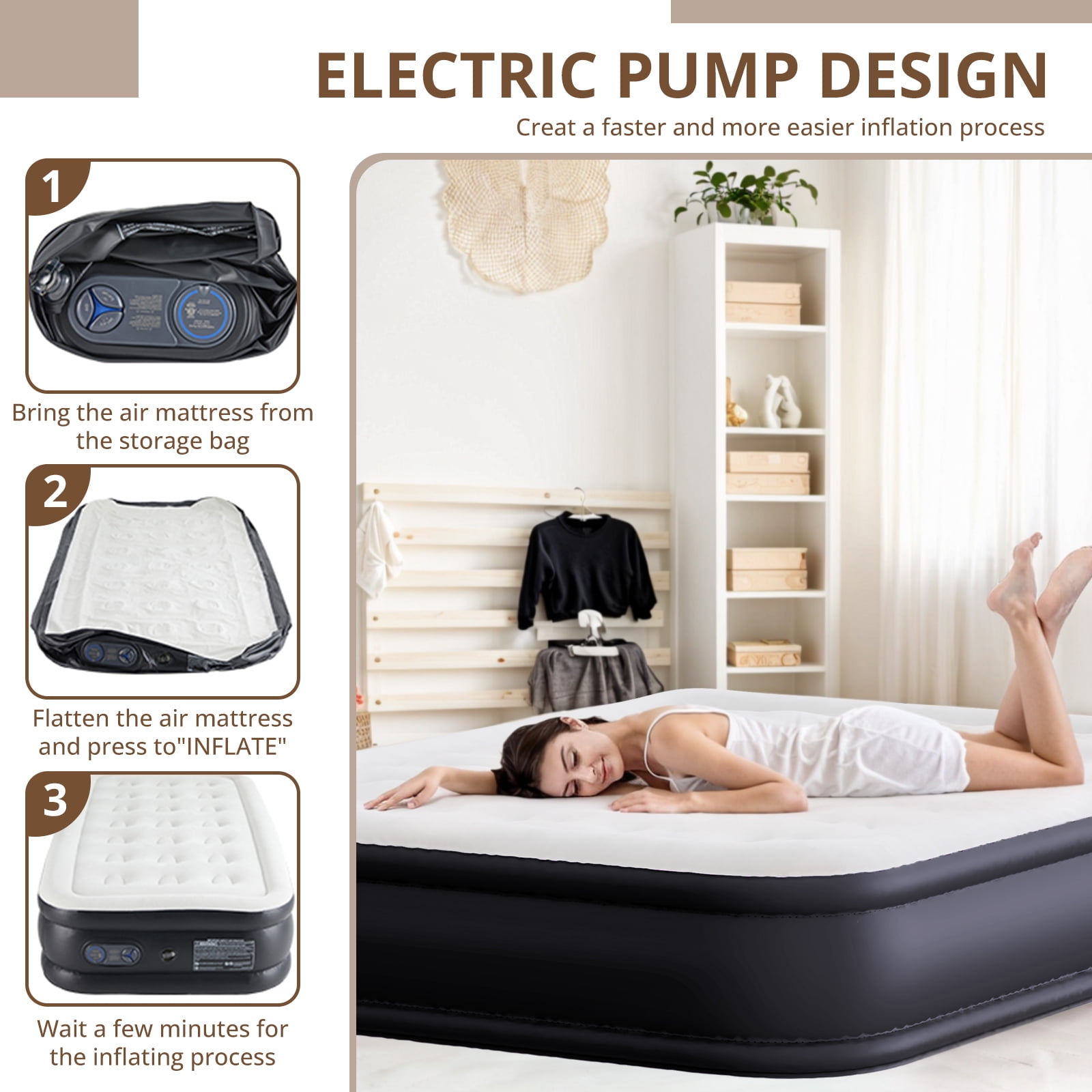Atilioo Air Mattress with Built-in Pump, Inflatable Airbed, High Durability Blow Up Mattresses for Camping Home Camping Travel, 660lb Max, Twin Size 16 Inch, Black