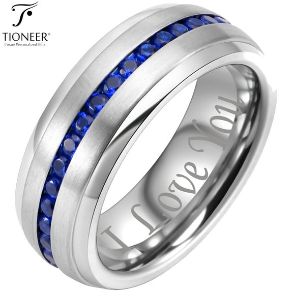 Tioneer Tungsten Carbide Silver Wedding Band w/ Blue or Red Cubic Zirconia Eternity Style w/ Step Edges 8mm Ring