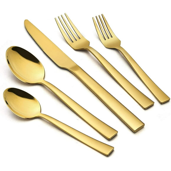 JOYWEI Ensemble de Couverts Dorés 20 Pcs, Ensemble de Couverts Carrés en Acier Inoxydable pour 4, Ustensiles de Table pour Mariage Fête Maison, Finition Miroir, Lavable au Lave-Vaisselle