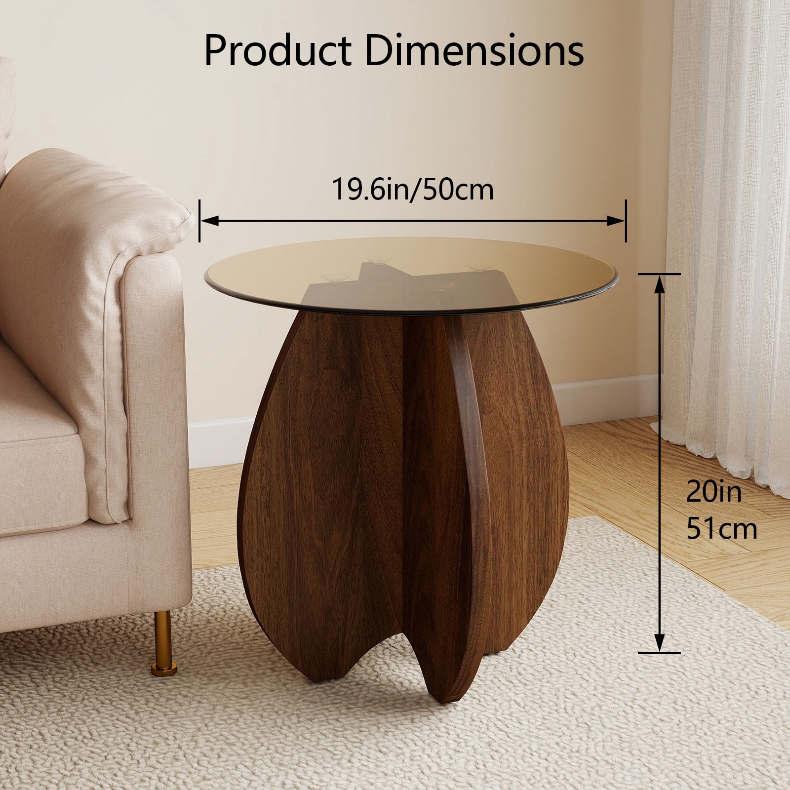 Permory MDF Frame Side Table with Brown Tempered Glass Top, Mortise and Tenon Joint Design, No Screw Easy Assembly, Sturdy End Table for Living Room, Bedroom