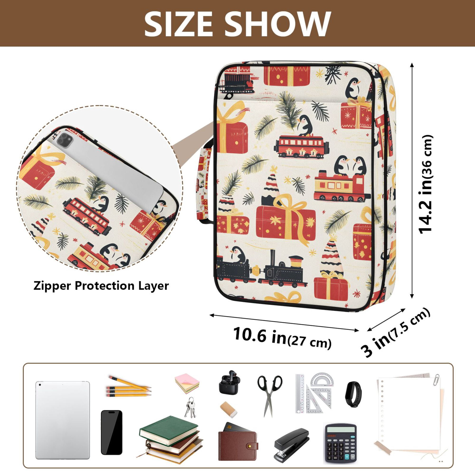 FORMRS Accordion File Folder A4 Size 7-Pocket Expanding Document Organizer Bag with 3 Ring Binder, Christmas Box Train