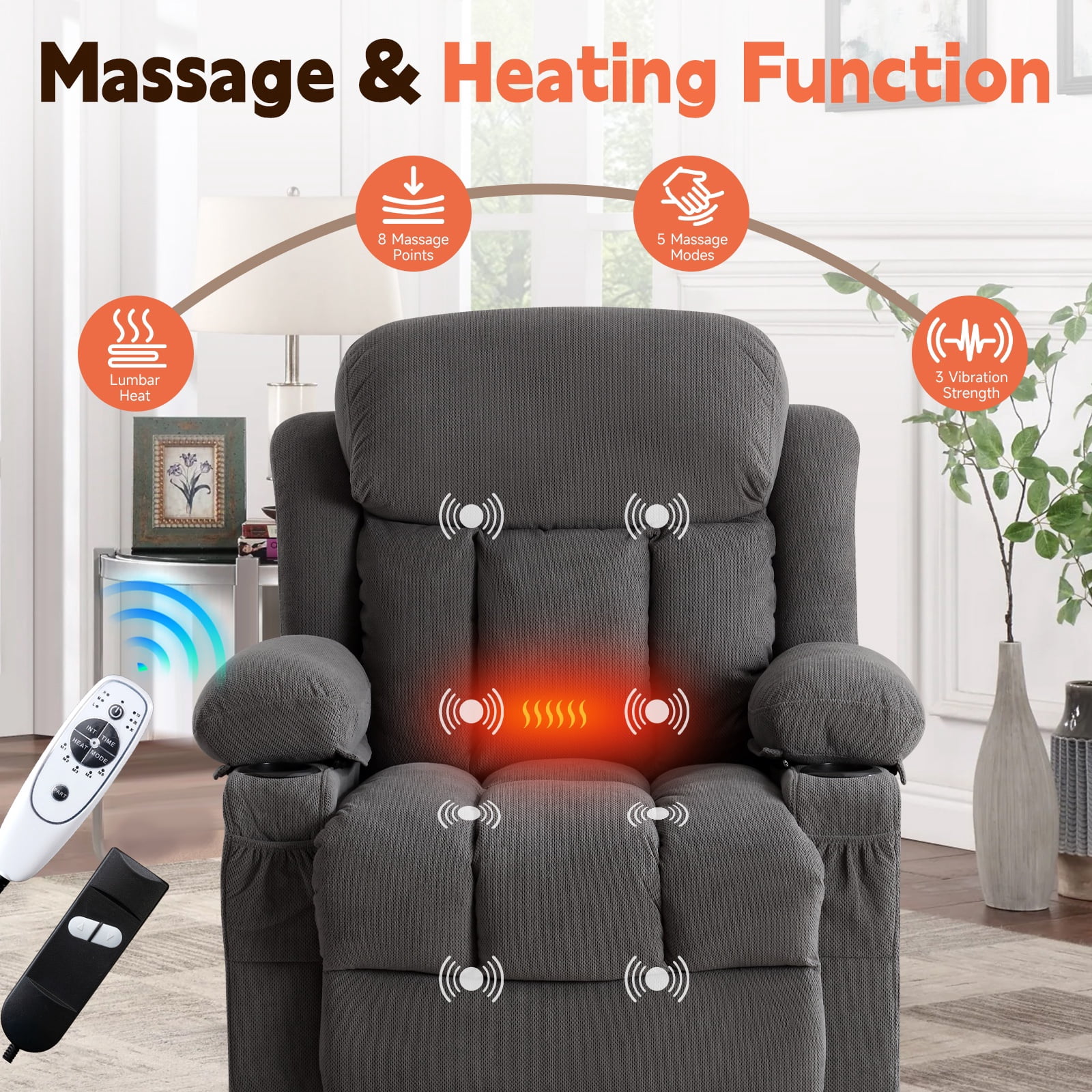 UHOMEPRO Lift Recliner Chair for Elderly and Adult, Electric Recliner with Heat and Vibration Massage, Remote Control, USB Port, Side Pockets & Cup Holders, Gray