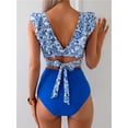 thumbnail image 2 of Women's Fashion Printed Ruffle Ribbon High Waist Triangle Bikini Split Swimsuit, 2 of 5