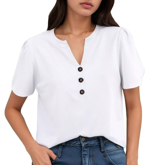 MIXUE Womens Summer Tops Solid Color V Neck Botton Short Sleeve Casual Stylish Lightweight T Shirts Holiday Wear,White,M