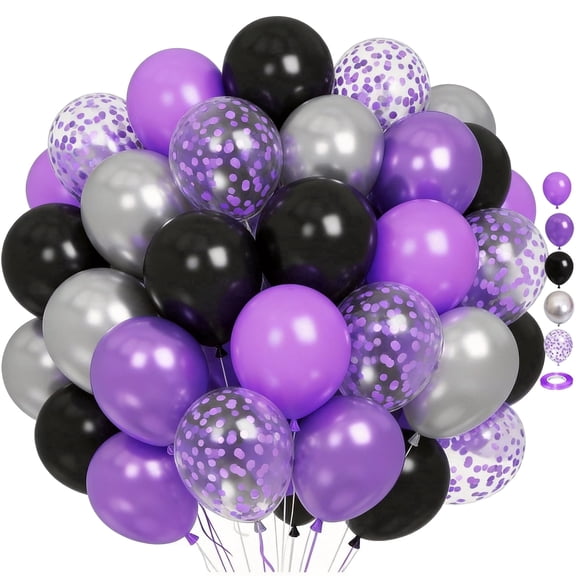 Purple and Black Balloons,60 Pcs 12 Inches Metallic Purple Silver Black Purple  Balloons for Birthday Wedding Party Decorations