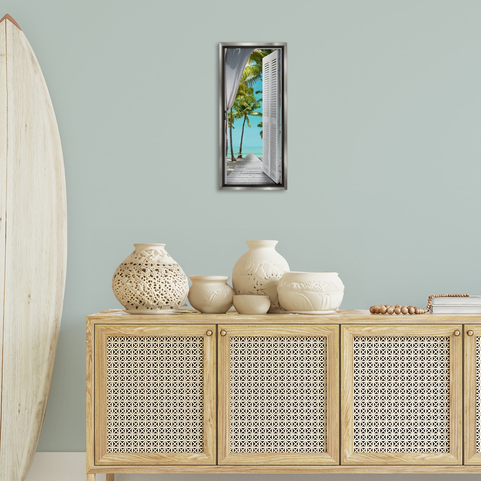 Stupell Industries Tropical Beach Villa View Nautical & Beach Painting Gray Floater Framed Canvas Art Print Wall Art, 11 x 25
