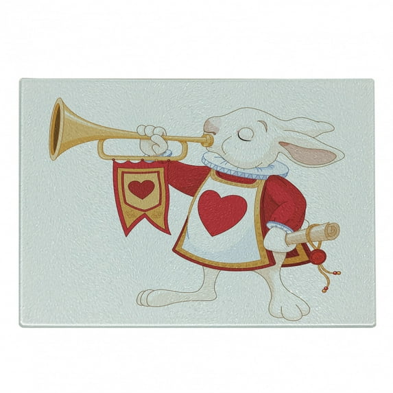 Alice in Wonderland Cutting Board, Rabbit Playing Royal Trumpet with Heart Design Animal Card, Decorative Tempered Glass Cutting and Serving Board, Small Size, Yellow White Red, by Ambesonne
