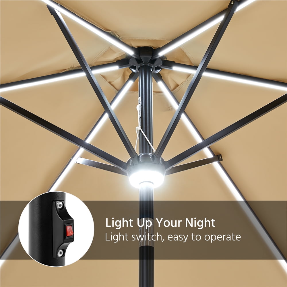 Yaheetech 9ft Patio Umbrella with Solar Powered LED Lights Strips and Central Light, Tan