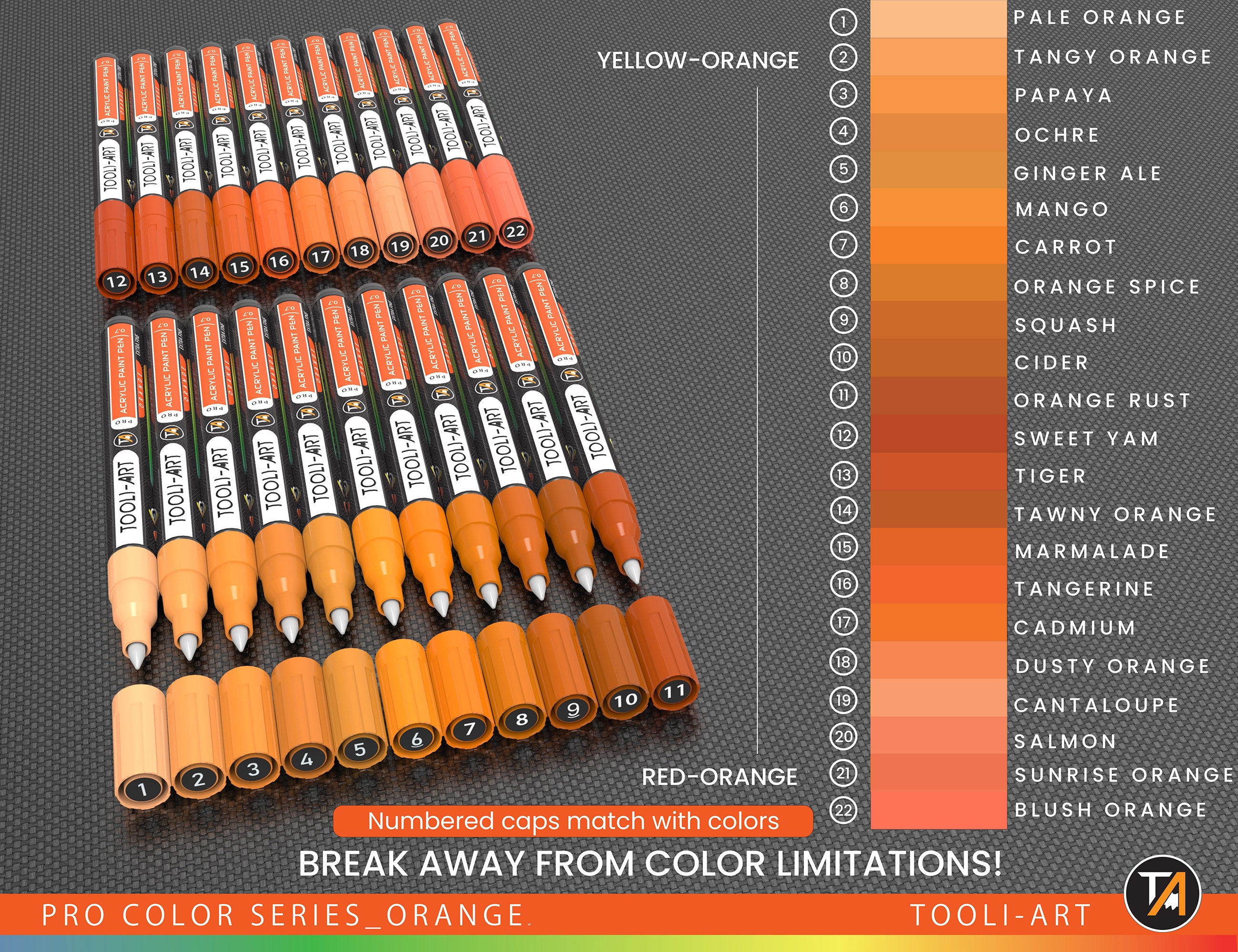 Acrylic Paint Pens 22 Assorted Orange Tones Pro Markers Set 0.7mm Extra Fine