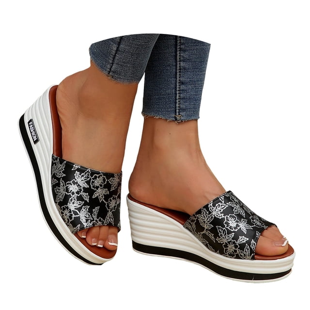 Dakaela Women's Platform Wedge Sandals Open Toe Slip on Slides Comfortable Summer Walking Shoes