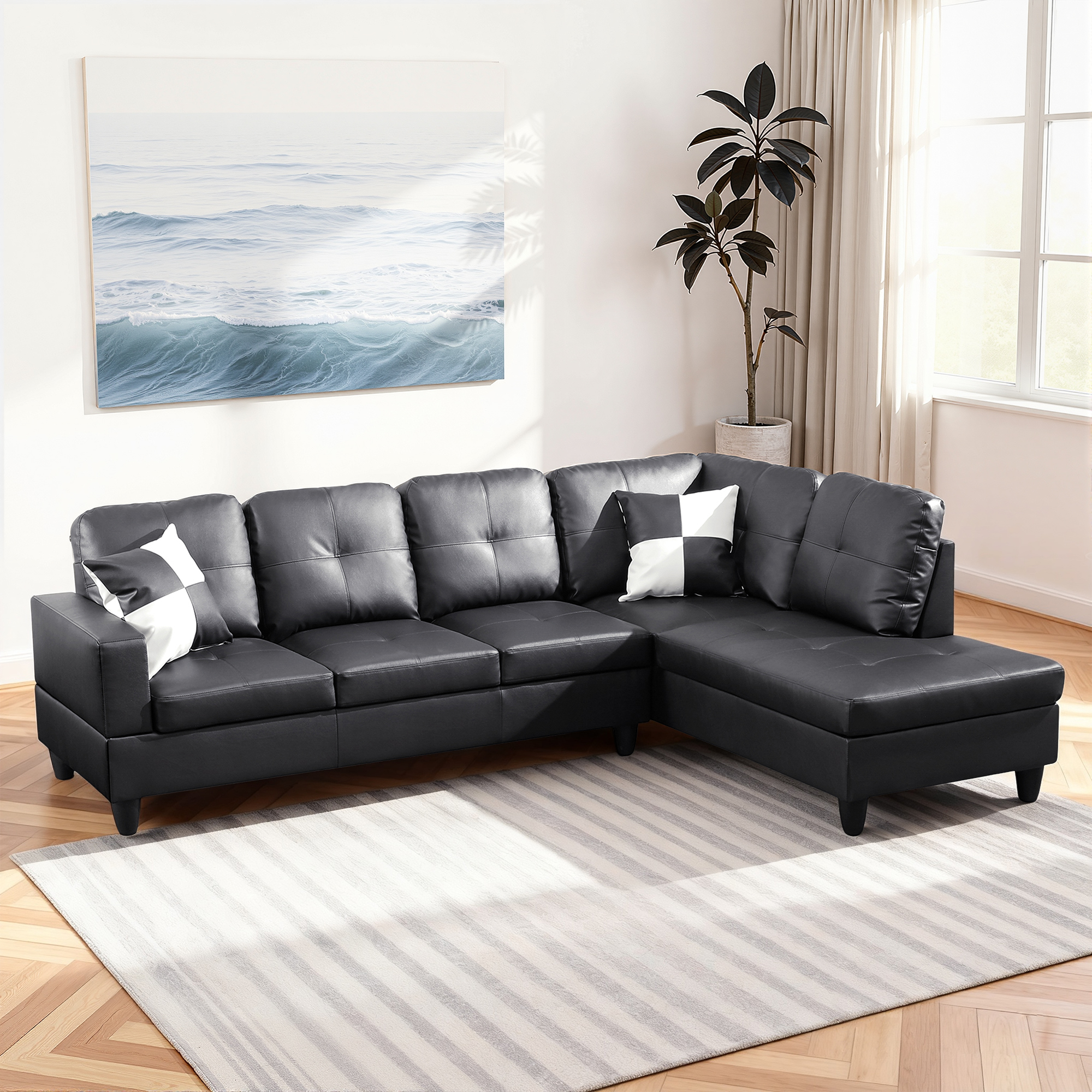 MAYEERTY 103.5" Modular Sofa, 2-Piece Sectional Couches for Living Room, Faux Leather Sofa Set without Ottoman, Black(Right)