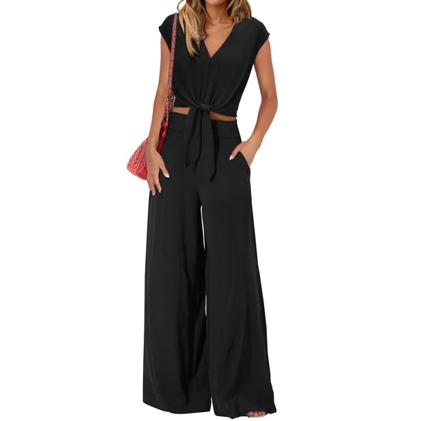 Pantalón PRETTYGARDEN para mujer, verano 2025, cuello en V, pierna ancha