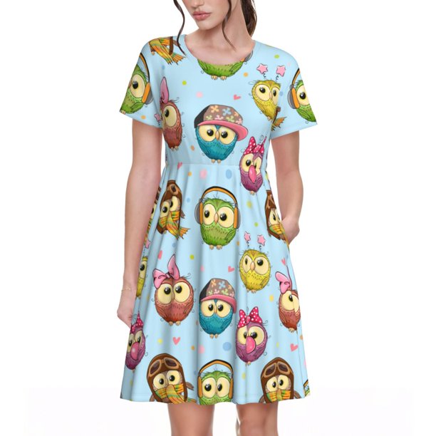 Disketp Cute Cartoon Owls 3 para Vestido de Manga Corta para Mujeres, Vestidos de Verano para Mujeres, Casual y Holgado para la Playa