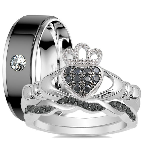 His Her Wedding Rings Set TRIO Couples Bride Groom Rings Him Her