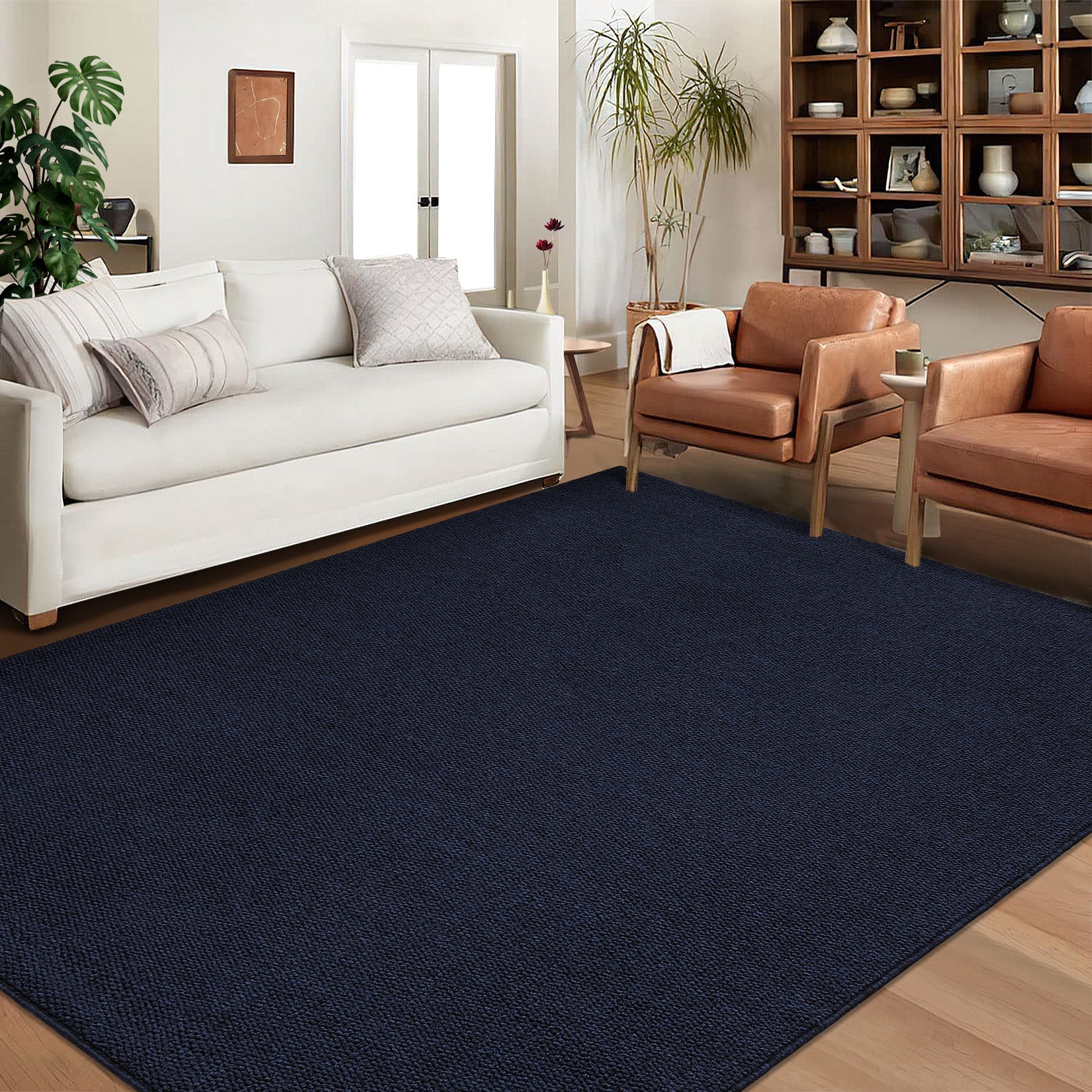 COZONY 10'x13' Washable Area Rug, Modern Textured Low-Pile Polypropylene Carpet, Stain Resistant Non-Slip Solid Accent Rug for Extra Large Living Room, Navy Blue