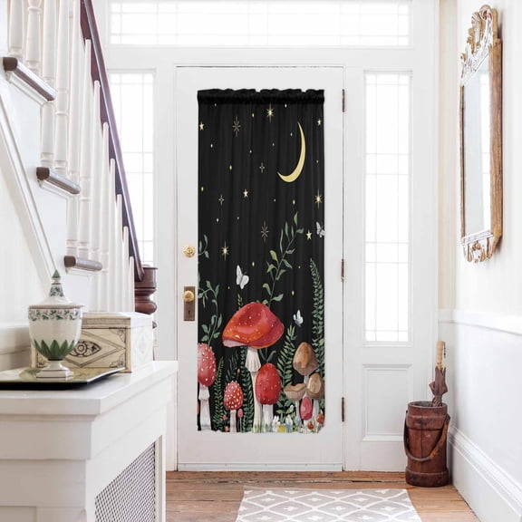 Mushrooms Black Door Curtains for Door Window, French Sidelight Front Back Door Curtains With Tieback, Botanical Leaf Butterflies Country Moon Kitchen Rod Pocket Drapes Panel, 25"x72"