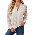 thumbnail image 2 of Women’s Lace Patchwork Baseball Jacket, Long Sleeve Zip Up Outerwear, Trendy Lightweight Casual Coat, Beige, M, 2 of 7