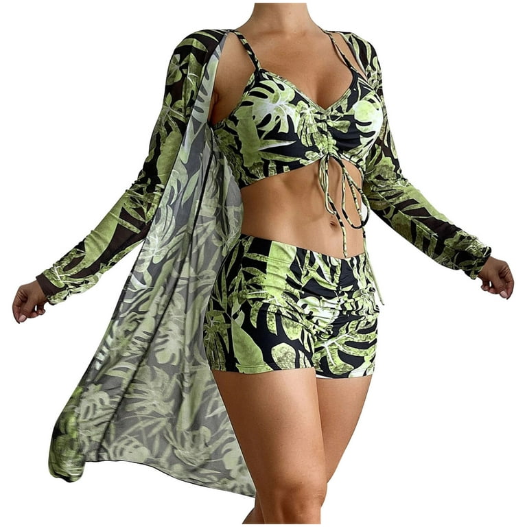 Yuwull Bathing Suit for Women 3 Piece Swimsuit Set Drawstring Bikini Set  Long Sleeve UPF Cover Up Boho Boy Short Swimwear Set Clearance