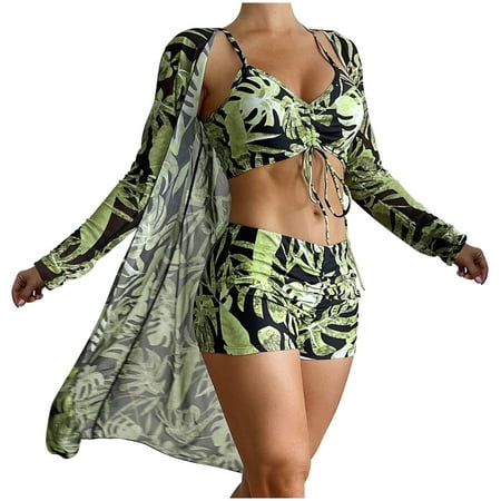 Lolmot Women s Summer Casual Halter Top Bathing Suit Printed 3 Pieces High Waist Bikini Maxi Swimsuit Cover up Bathing Suit for Women for Swimming Pool  Beach