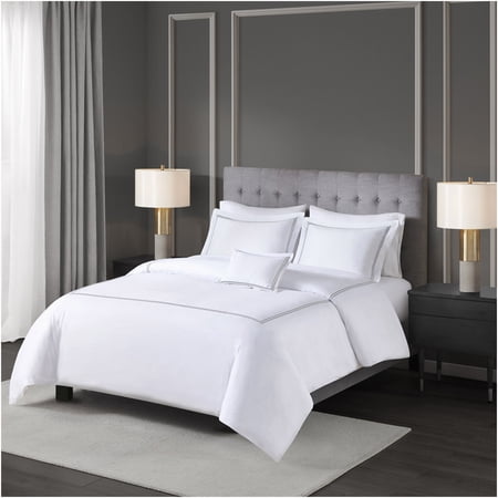 JERFIT Luxury Grey and White 5-Piece Comforter Set, Full/Queen, 500TC Cotton Sateen, Hotel Style Embroidered Bedding Set with Down Alternative Insert